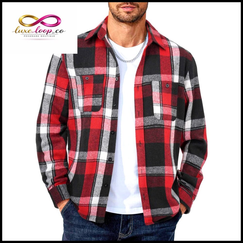 Men's Flannel Shirt Long Sleeve Cotton Plaid Button Down With Pockets